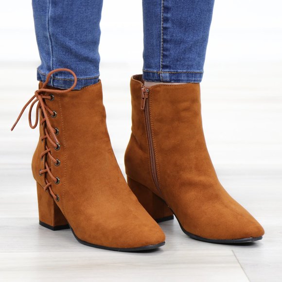 Brown Faux Suede Ankle Booties Side Laced Up - Picture 3 of 11